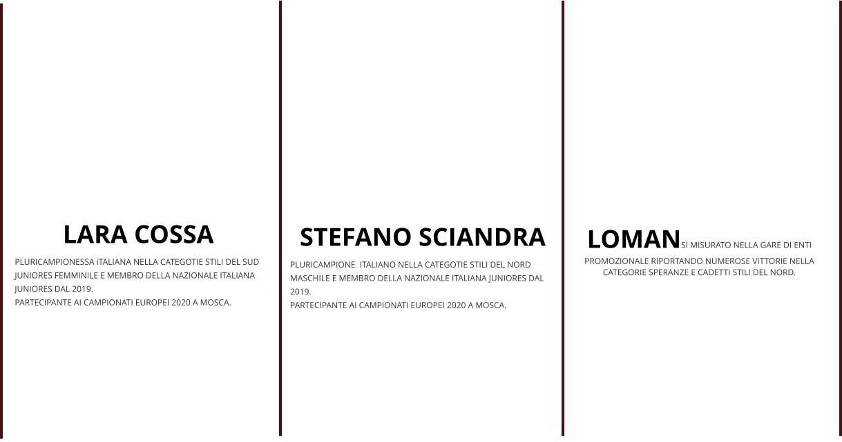 LARA COSSA PLURICAMPIONESSA iTALIANA NELLA CATEGOTIE STILI DEL SUD JUNIORES FEMMINILE E MEMBRO DELLA NAZIONALE ITALIANA JUNIORES DAL 2019. PARTECIPANTE AI CAMPIONATI EUROPEI 2020 A MOSCA. STEFANO SCIANDRA PLURICAMPIONE  ITALIANO NELLA CATEGOTIE STILI DEL NORD MASCHILE E MEMBRO DELLA NAZIONALE ITALIANA JUNIORES DAL 2019. PARTECIPANTE AI CAMPIONATI EUROPEI 2020 A MOSCA. LOMANSI MISURATO NELLA GARE DI ENTI PROMOZIONALE RIPORTANDO NUMEROSE VITTORIE NELLA CATEGORIE SPERANZE E CADETTI STILI DEL NORD.