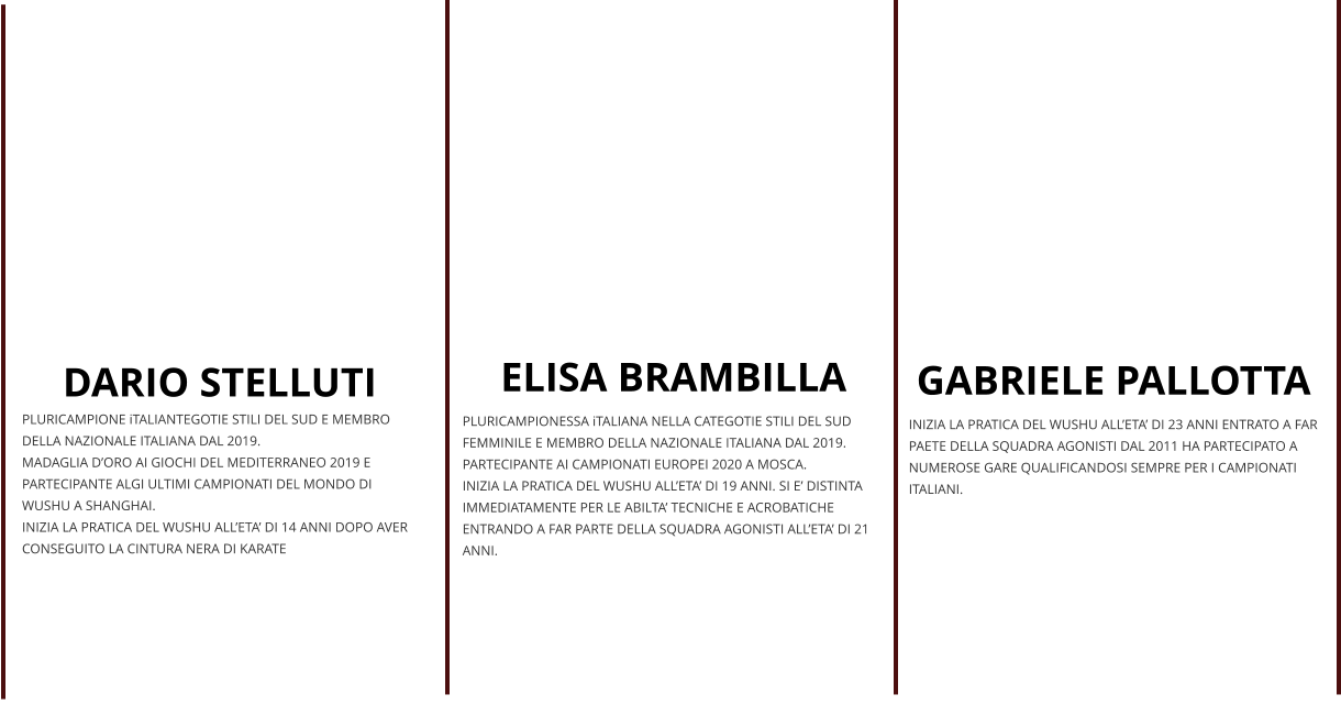 DARIO STELLUTI PLURICAMPIONE iTALIANTEGOTIE STILI DEL SUD E MEMBRO DELLA NAZIONALE ITALIANA DAL 2019. MADAGLIA D’ORO AI GIOCHI DEL MEDITERRANEO 2019 E PARTECIPANTE ALGI ULTIMI CAMPIONATI DEL MONDO DI WUSHU A SHANGHAI. INIZIA LA PRATICA DEL WUSHU ALL’ETA’ DI 14 ANNI DOPO AVER CONSEGUITO LA CINTURA NERA DI KARATE ELISA BRAMBILLA PLURICAMPIONESSA iTALIANA NELLA CATEGOTIE STILI DEL SUD FEMMINILE E MEMBRO DELLA NAZIONALE ITALIANA DAL 2019. PARTECIPANTE AI CAMPIONATI EUROPEI 2020 A MOSCA. INIZIA LA PRATICA DEL WUSHU ALL’ETA’ DI 19 ANNI. SI E’ DISTINTA IMMEDIATAMENTE PER LE ABILTA’ TECNICHE E ACROBATICHE ENTRANDO A FAR PARTE DELLA SQUADRA AGONISTI ALL’ETA’ DI 21 ANNI. GABRIELE PALLOTTA INIZIA LA PRATICA DEL WUSHU ALL’ETA’ DI 23 ANNI ENTRATO A FAR PAETE DELLA SQUADRA AGONISTI DAL 2011 HA PARTECIPATO A NUMEROSE GARE QUALIFICANDOSI SEMPRE PER I CAMPIONATI ITALIANI.