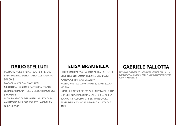 DARIO STELLUTI PLURICAMPIONE iTALIANTEGOTIE STILI DEL SUD E MEMBRO DELLA NAZIONALE ITALIANA DAL 2019. MADAGLIA D’ORO AI GIOCHI DEL MEDITERRANEO 2019 E PARTECIPANTE ALGI ULTIMI CAMPIONATI DEL MONDO DI WUSHU A SHANGHAI. INIZIA LA PRATICA DEL WUSHU ALL’ETA’ DI 14 ANNI DOPO AVER CONSEGUITO LA CINTURA NERA DI KARATE ELISA BRAMBILLA PLURICAMPIONESSA iTALIANA NELLA CATEGOTIE STILI DEL SUD FEMMINILE E MEMBRO DELLA NAZIONALE ITALIANA DAL 2019. PARTECIPANTE AI CAMPIONATI EUROPEI 2020 A MOSCA. INIZIA LA PRATICA DEL WUSHU ALL’ETA’ DI 19 ANNI. SI E’ DISTINTA IMMEDIATAMENTE PER LE ABILTA’ TECNICHE E ACROBATICHE ENTRANDO A FAR PARTE DELLA SQUADRA AGONISTI ALL’ETA’ DI 21 ANNI. GABRIELE PALLOTTA ENTRATO A FAR PAETE DELLA SQUADRA AGONISTI DAL 2011 HA PARTECIPATO A NUMEROSE GARE QUALIFICANDOSI SEMPRE PER I CAMPIONATI ITALIANI.