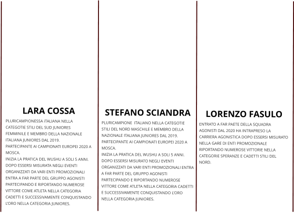 LARA COSSA PLURICAMPIONESSA iTALIANA NELLA CATEGOTIE STILI DEL SUD JUNIORES FEMMINILE E MEMBRO DELLA NAZIONALE ITALIANA JUNIORES DAL 2019. PARTECIPANTE AI CAMPIONATI EUROPEI 2020 A MOSCA. INIZIA LA PRATICA DEL WUSHU A SOLI 5 ANNI. DOPO ESSERSI MISURATA NEGLI EVENTI ORGANIZZATI DA VARI ENTI PROMOZIONALI ENTRA A FAR PARTE DEL GRUPPO AGONISTI PARTECIPANDO E RIPORTANDO NUMEROSE VITTORE COME ATLETA NELLA CATEGORIA CADETTI E SUCCESSIVAMENTE CONQUISTANDO L’ORO NELLA CATEGORIA JUNIORES.  STEFANO SCIANDRA PLURICAMPIONE  ITALIANO NELLA CATEGOTIE STILI DEL NORD MASCHILE E MEMBRO DELLA NAZIONALE ITALIANA JUNIORES DAL 2019. PARTECIPANTE AI CAMPIONATI EUROPEI 2020 A MOSCA. INIZIA LA PRATICA DEL WUSHU A SOLI 5 ANNI. DOPO ESSERSI MISURATO NEGLI EVENTI ORGANIZZATI DA VARI ENTI PROMOZIONALI ENTRA A FAR PARTE DEL GRUPPO AGONISTI PARTECIPANDO E RIPORTANDO NUMEROSE VITTORE COME ATLETA NELLA CATEGORIA CADETTI E SUCCESSIVAMENTE CONQUISTANDO L’ORO NELLA CATEGORIA JUNIORES.   LORENZO FASULO ENTRATO A FAR PAETE DELLA SQUADRA AGONISTI DAL 2020 HA INTRAPRESO LA CARRIERA AGONISTICA DOPO ESSERSI MISURATO NELLA GARE DI ENTI PROMOZIONALE RIPORTANDO NUMEROSE VITTORIE NELLA CATEGORIE SPERANZE E CADETTI STILI DEL NORD.