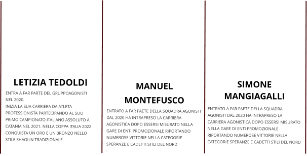 LETIZIA TEDOLDI ENTRA A FAR PARTE DEL GRUPPOAGONISTI NEL 2020. INIZIA LA SUA CARRIERA DA ATLETA PROFESSIONISTA PARTECIPANDO AL SUO PRIMO CAMPIONATO ITALIANO ASSOLUTO A CATANIA NEL 2021. NELLA COPPA ITALIA 2022 CONQUISTA UN ORO E UN BRONZO NELLO STILE SHAOLIN TRADIZIONALE.  MANUEL MONTEFUSCO ENTRATO A FAR PAETE DELLA SQUADRA AGONISTI DAL 2020 HA INTRAPRESO LA CARRIERA AGONISTICA DOPO ESSERSI MISURATO NELLA GARE DI ENTI PROMOZIONALE RIPORTANDO NUMEROSE VITTORIE NELLA CATEGORIE SPERANZE E CADETTI STILI DEL NORD . SIMONE MANGIAGALLI ENTRATO A FAR PAETE DELLA SQUADRA AGONISTI DAL 2020 HA INTRAPRESO LA CARRIERA AGONISTICA DOPO ESSERSI MISURATO NELLA GARE DI ENTI PROMOZIONALE RIPORTANDO NUMEROSE VITTORIE NELLA CATEGORIE SPERANZE E CADETTI STILI DEL NORD